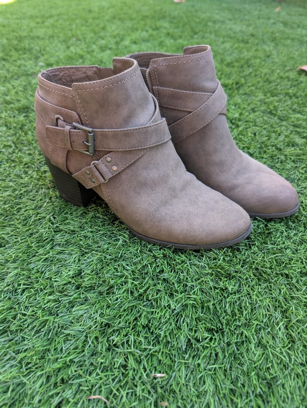 Indigo Taupe Suede Ankle Booties with Buckle Strap